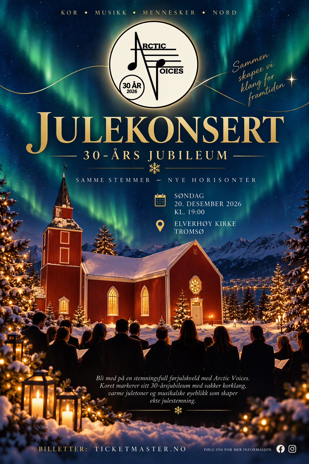 KI-generert plakatbilde med kirken og koret og nordlyshimmel